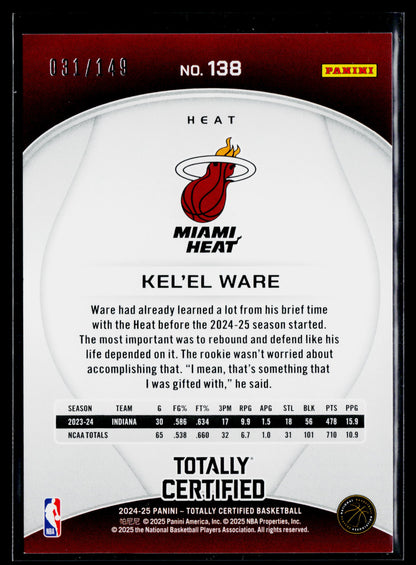 2024-25 Panini Totally Certified Kel'el Ware Rookie Mirror Red #/149 #138