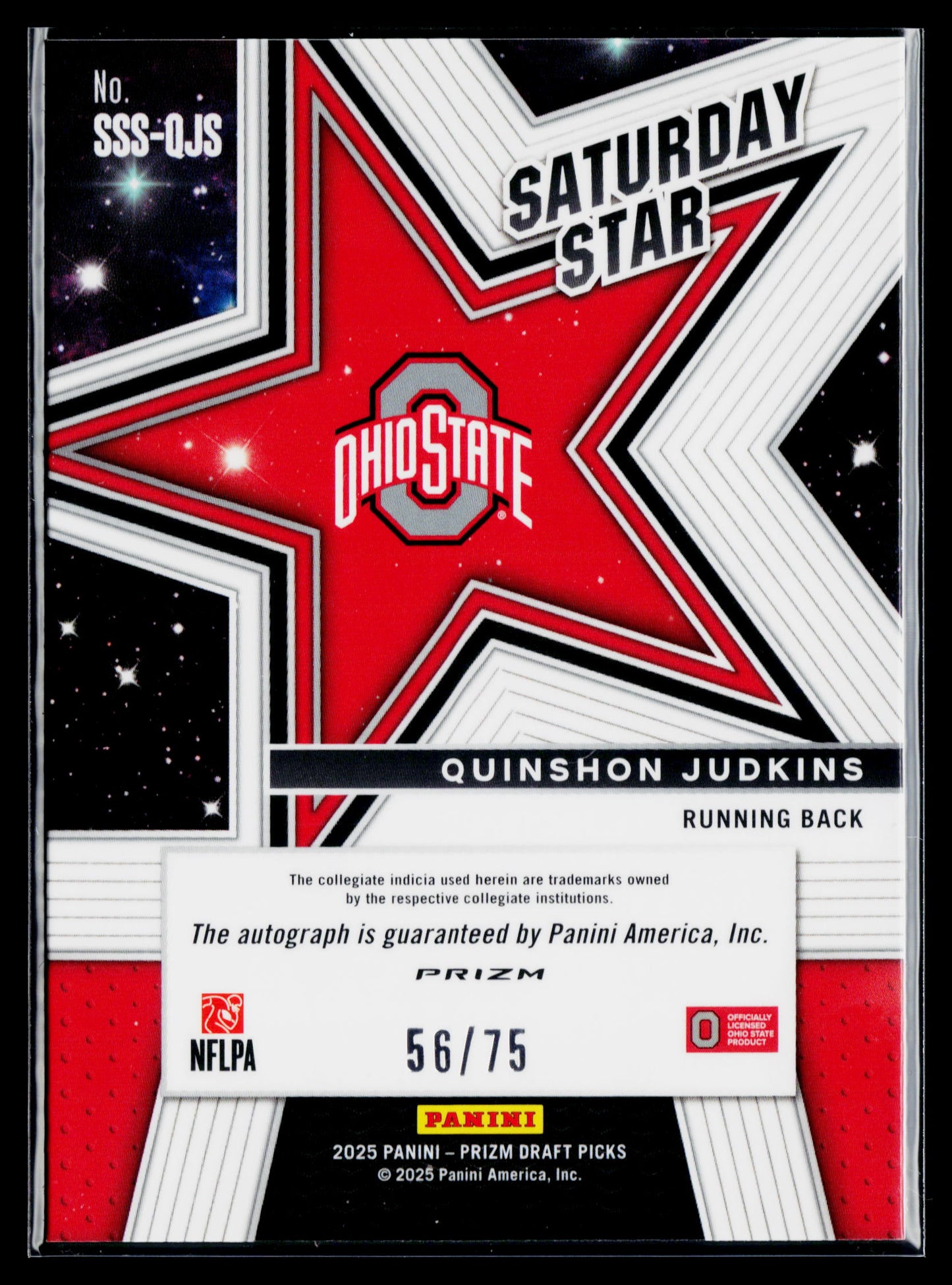 2025 Prizm Draft Picks Quinshon Judkins Saturday Stars Blue Auto /75 #SSS-QJS