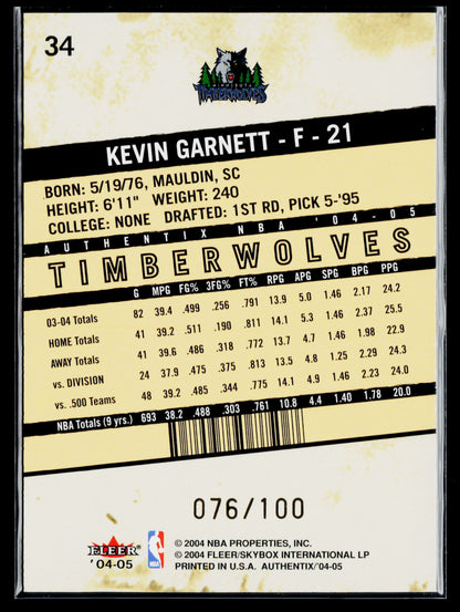2004-05 Fleer Authentix Kevin Garnett General Admission #/100 #34