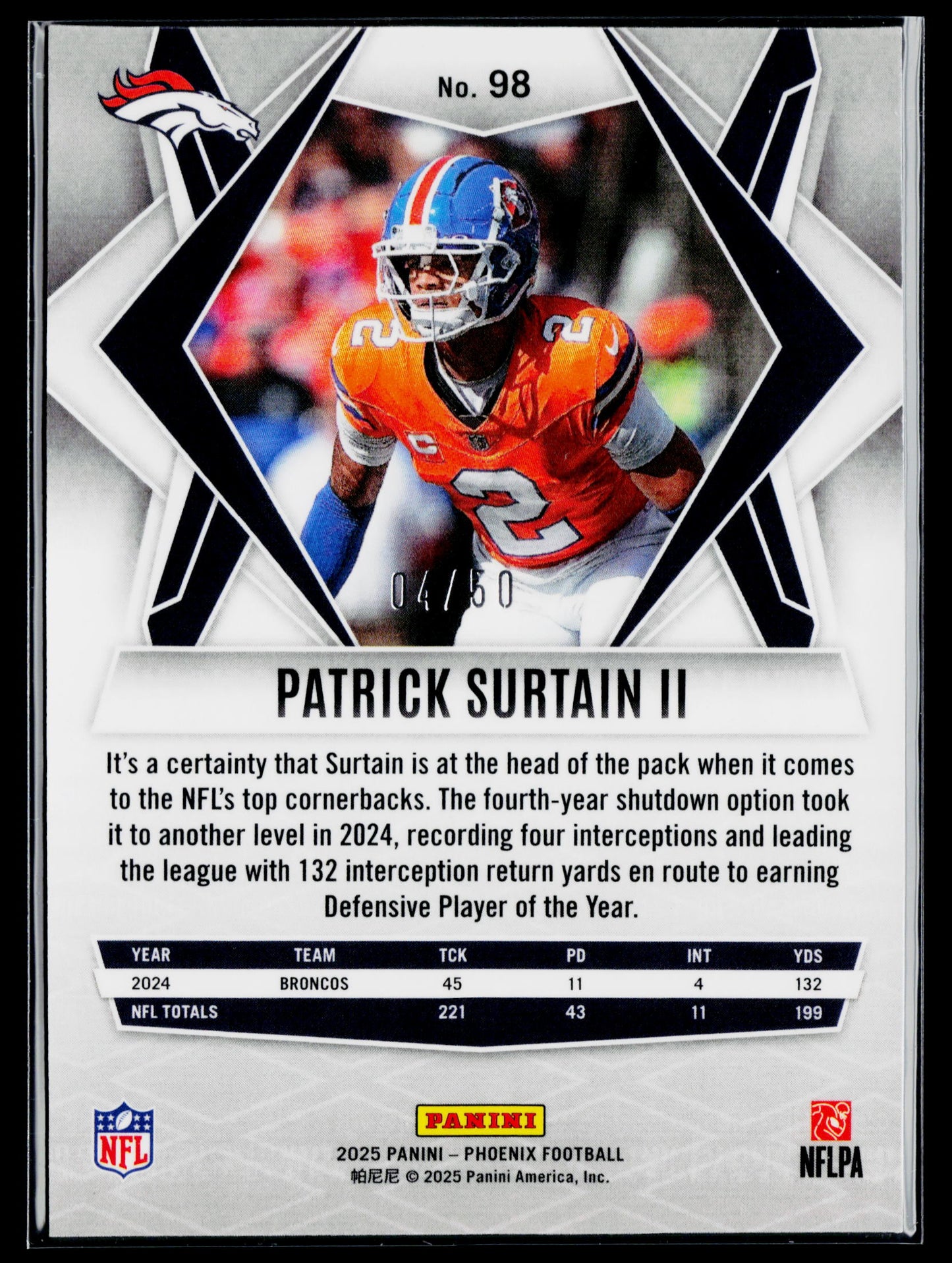2025 Panini Phoenix Patrick Surtain II Blue Prizm #/50 #98