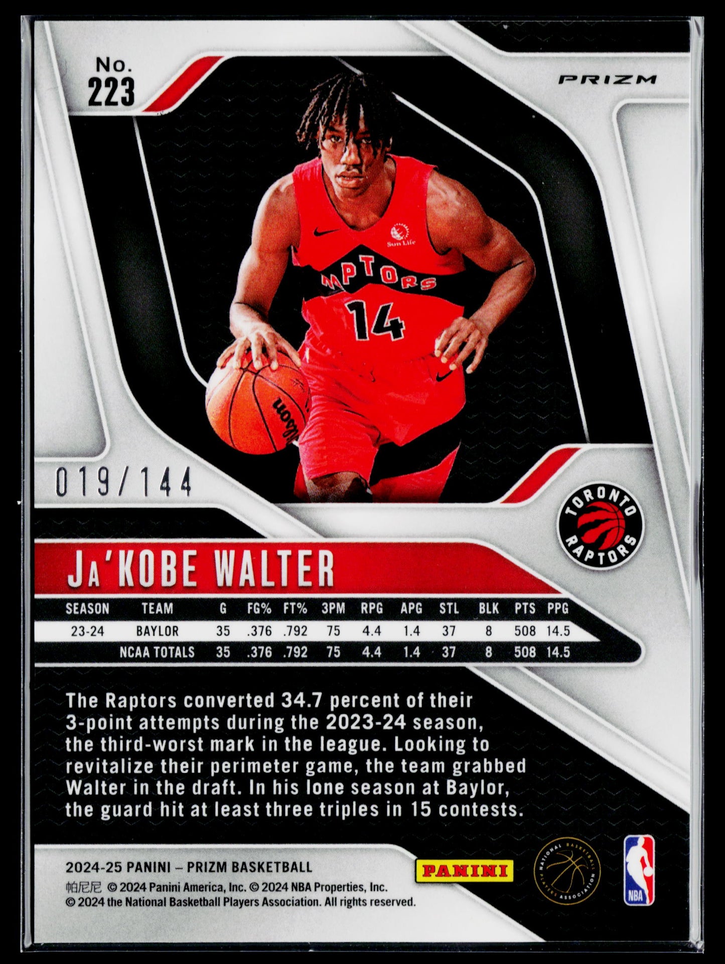 2024-25 Panini Prizm Ja'Kobe Walter Prizms Blue Sparkle #/144 #223