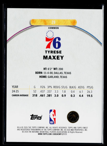 2025-26 Finest Tyrese Maxey Blue Refractor #/200 #29