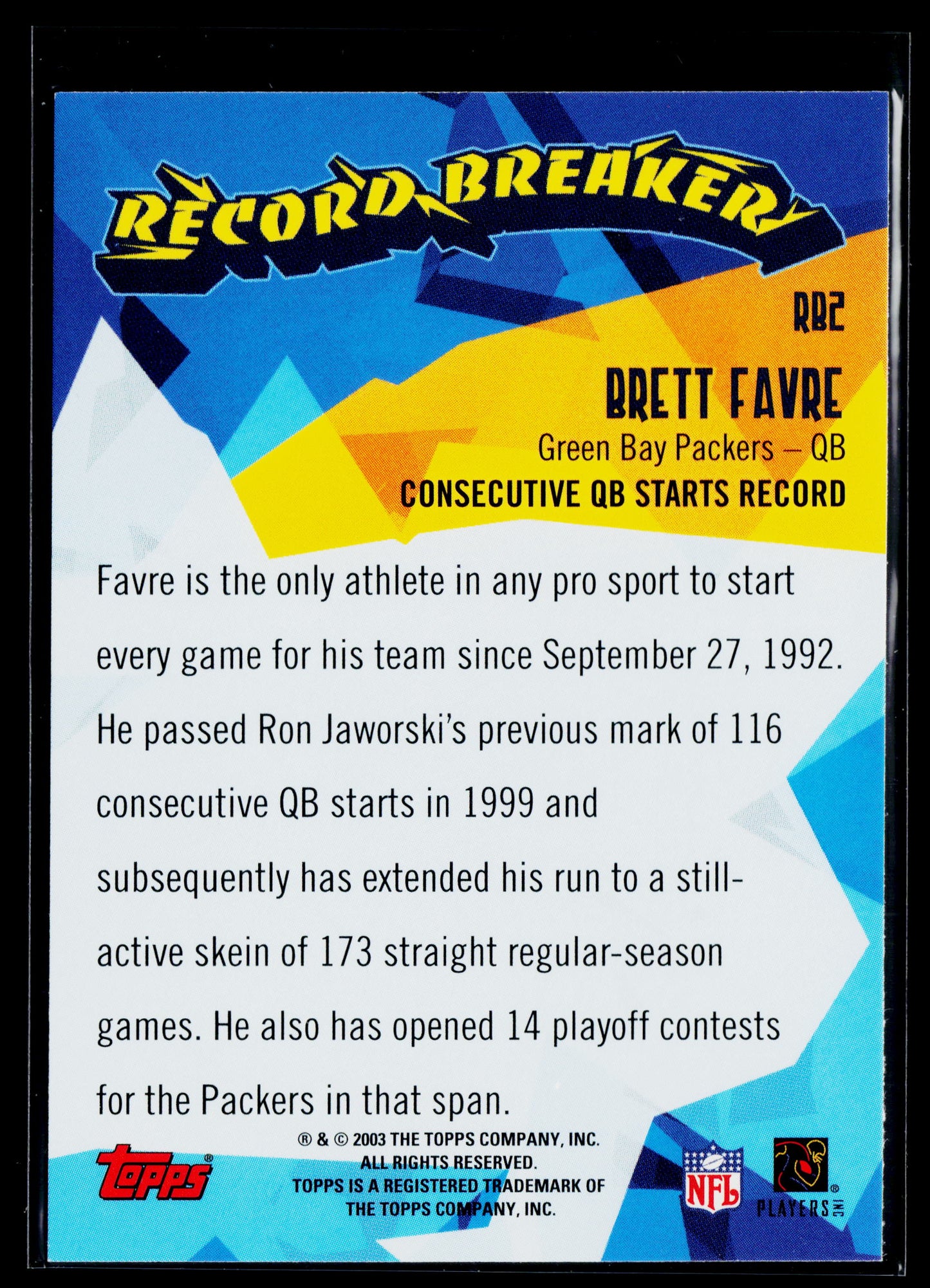 2003 Topps Brett Favre Record Breakers #RB2