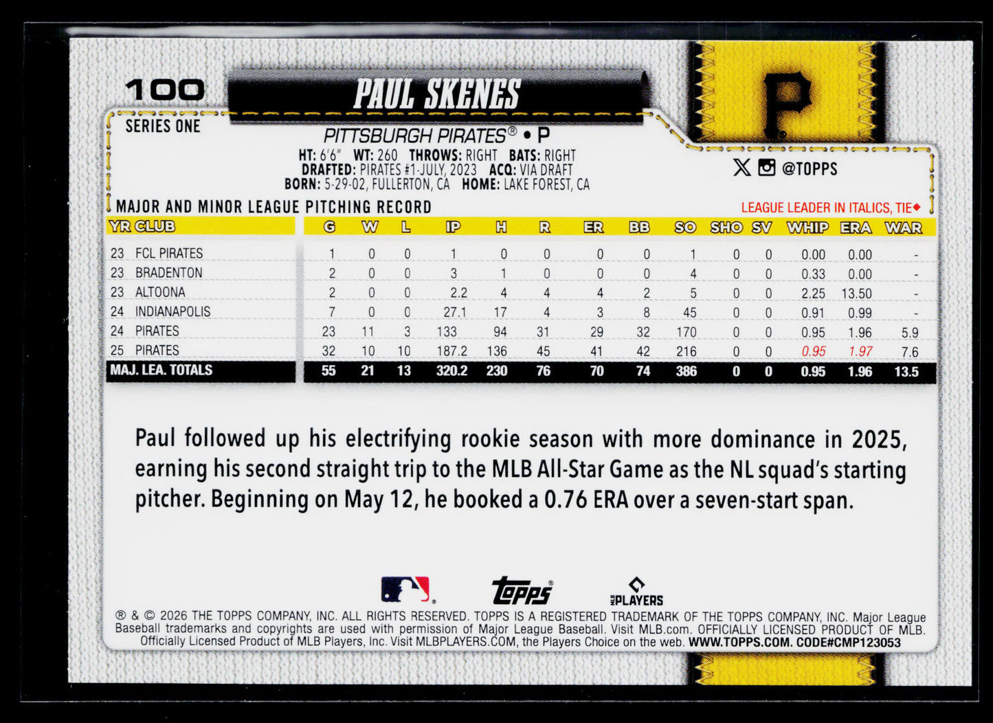 2026 Topps Paul Skenes #100