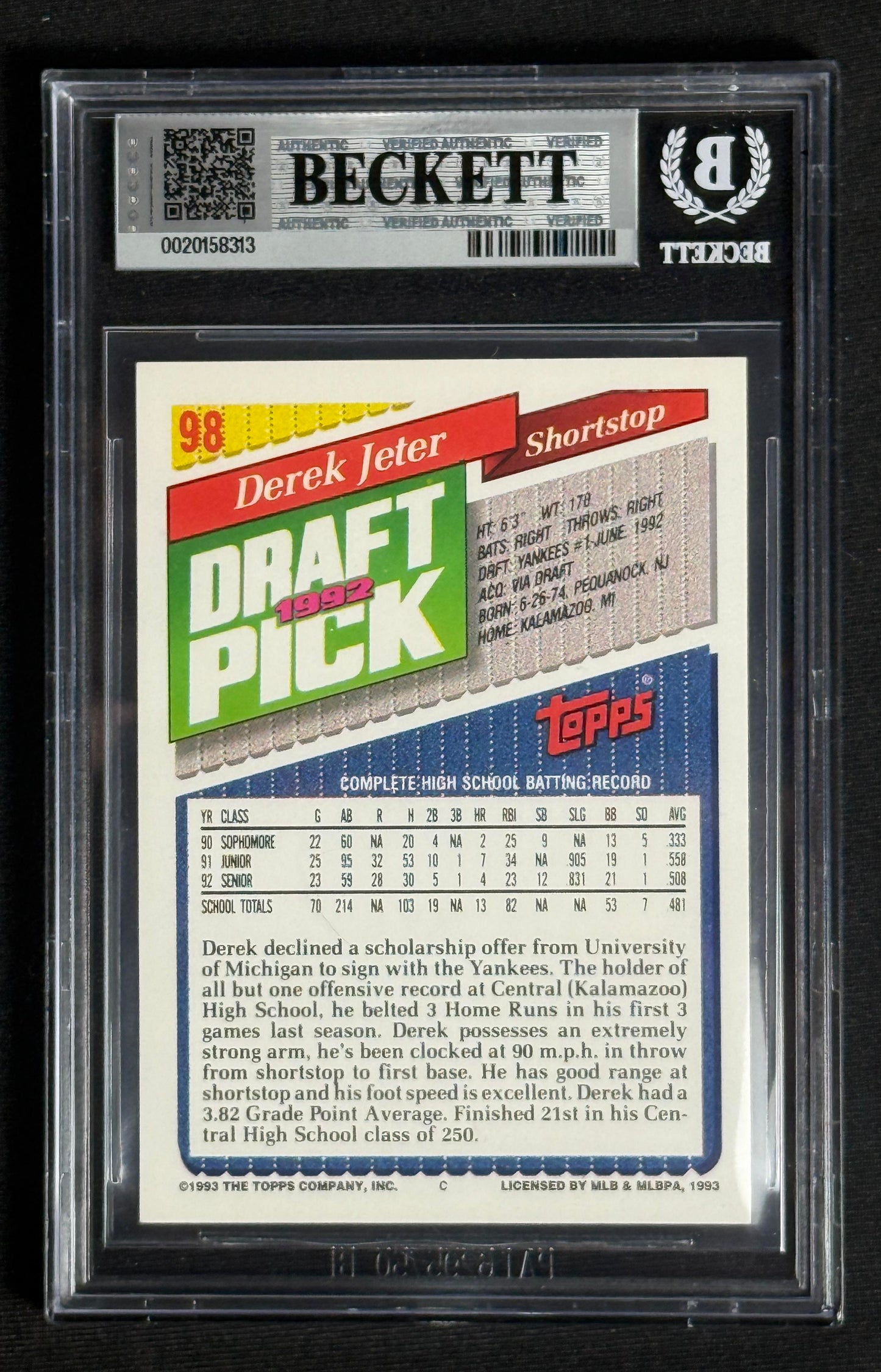 1993 Topps Derek Jeter Rookie RC BGS Mint 9 #98 .5 away from GEM