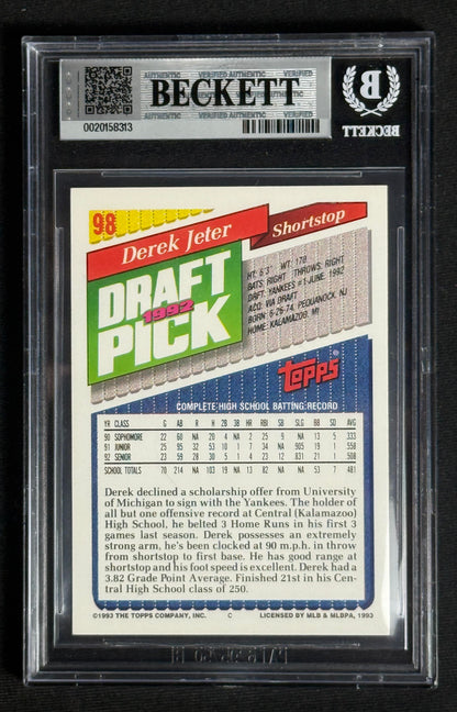 1993 Topps Derek Jeter Rookie RC BGS Mint 9 #98 .5 away from GEM
