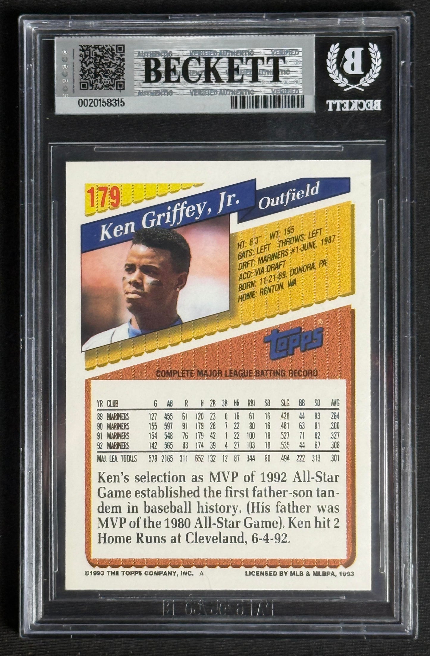 1993 Topps Gold Ken Griffey JR BGS Mint 9 #179