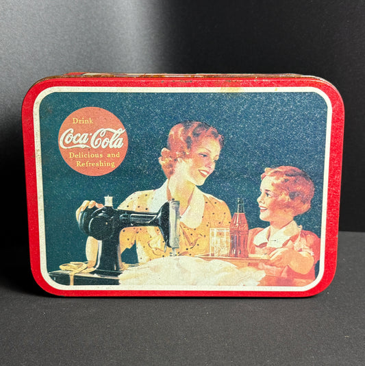 Vintage Coca-Cola Advertising Tin Box, Sewing Mother & Daughter Decor