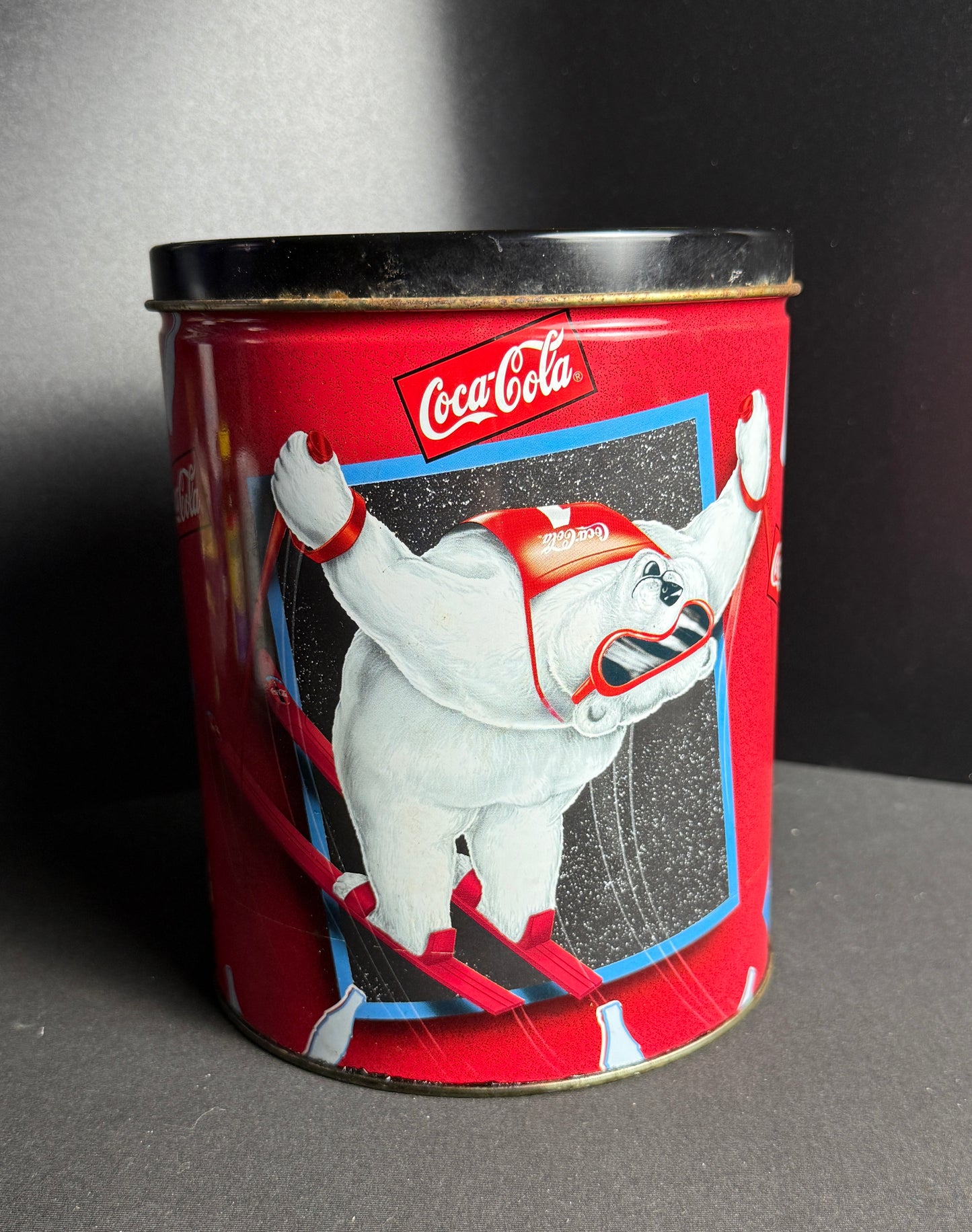 Vintage 1997 Coca Cola Polar Bear Winter Sports Collectible Lidded Tin Can 7 1/2 in