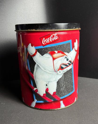 Vintage 1997 Coca Cola Polar Bear Winter Sports Collectible Lidded Tin Can 7 1/2 in