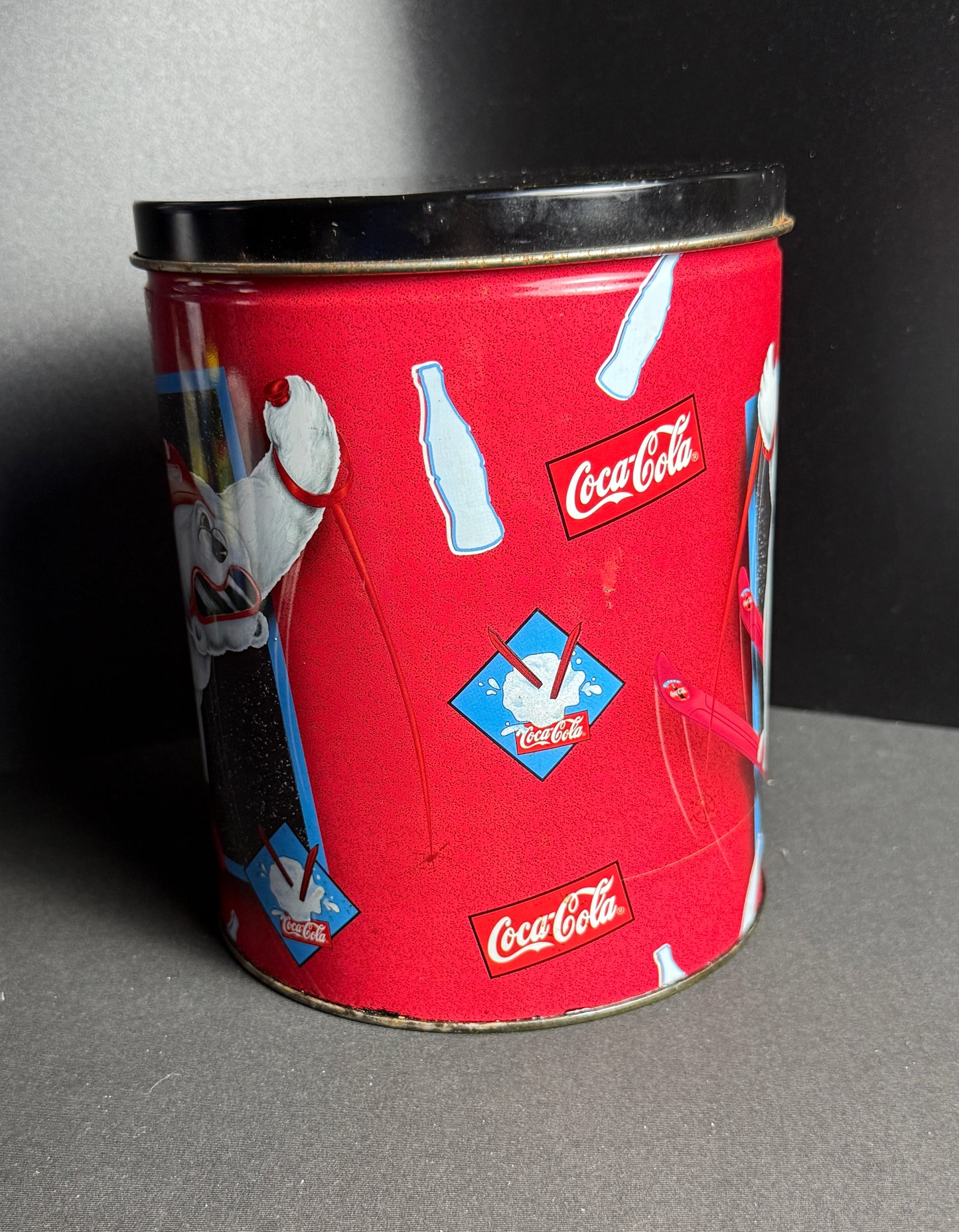 Vintage 1997 Coca Cola Polar Bear Winter Sports Collectible Lidded Tin Can 7 1/2 in