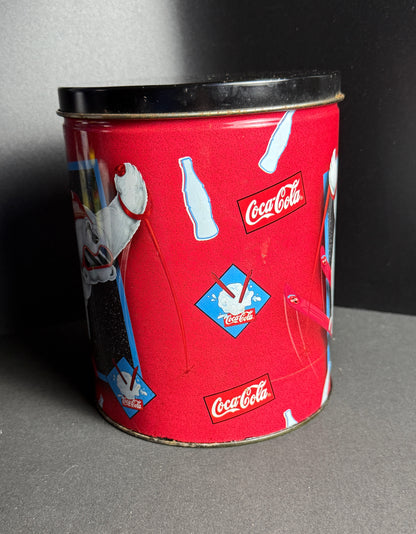 Vintage 1997 Coca Cola Polar Bear Winter Sports Collectible Lidded Tin Can 7 1/2 in