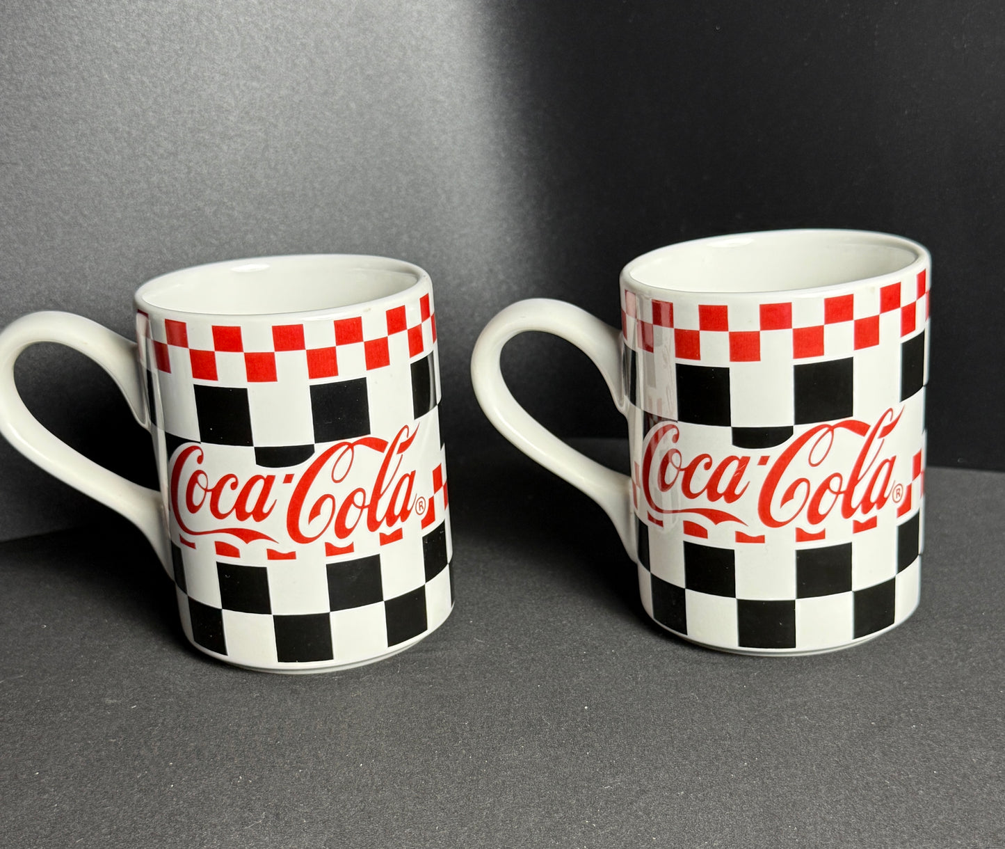 Coca-Cola Checkered Coffee Mugs Marketed by Gibson USA 2002 Red White Black